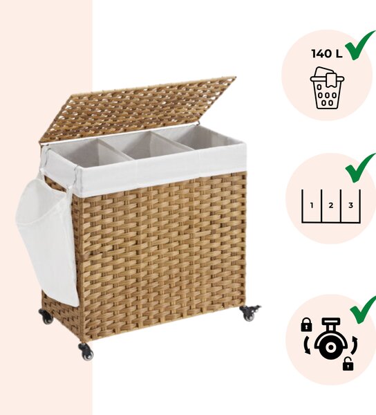 Kosz na bieliznę z kółkami z syntetycznego rattanu AVA, 140l, naturalny brąz SongmicsHome