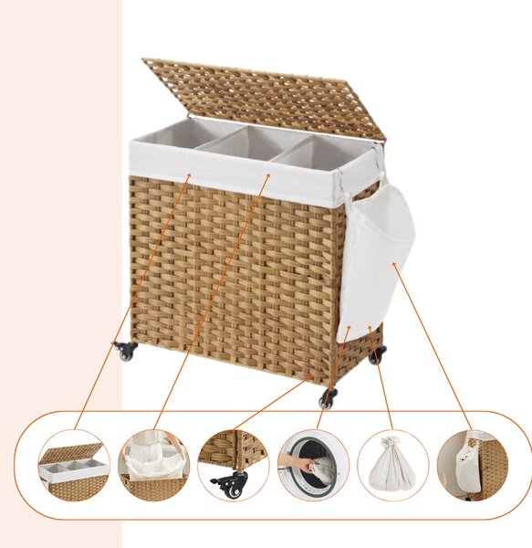 Kosz na bieliznę z kółkami z syntetycznego rattanu AVA, 140l, naturalny brąz SongmicsHome