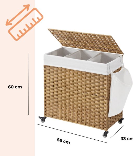 Kosz na bieliznę z kółkami z syntetycznego rattanu AVA, 140l, naturalny brąz SongmicsHome