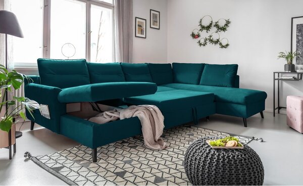 Turkusowa aksamitna rozkładana sofa w kształcie litery "U" Miuform Stylish Stan, prawostronna
