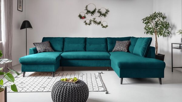Turkusowa aksamitna rozkładana sofa w kształcie litery "U" Miuform Stylish Stan, prawostronna