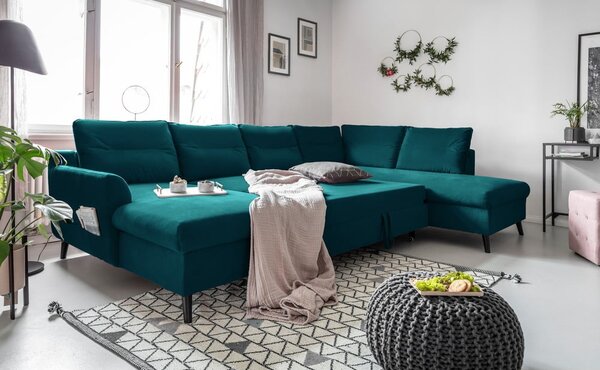Turkusowa aksamitna rozkładana sofa w kształcie litery "U" Miuform Stylish Stan, prawostronna