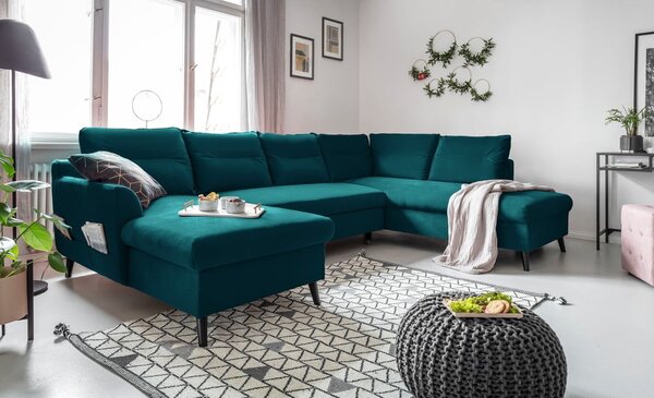 Turkusowa aksamitna rozkładana sofa w kształcie litery "U" Miuform Stylish Stan, prawostronna