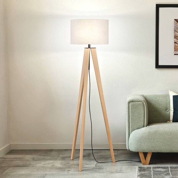FISCHER & HONSEL Lampa stojąca SHINE-WOOD, kremowy / amber, salon / jadalnia, tkanina / materiał / jedwab