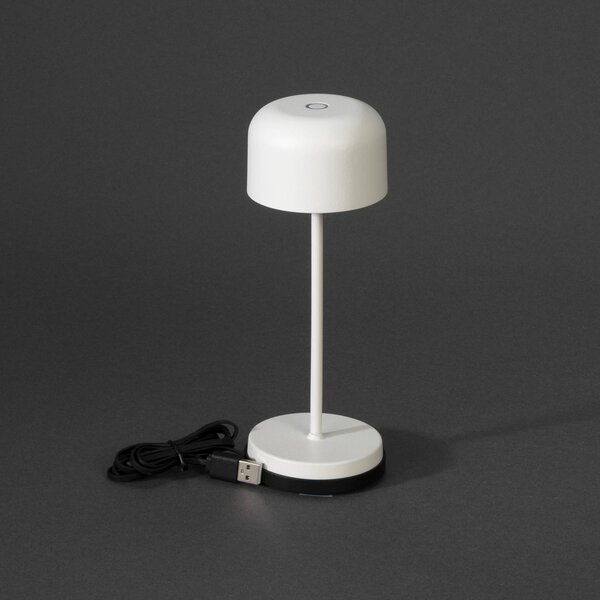 Konstsmide Lampa stołowa LED Lille, wysokość 20 cm, biała, IP54, USB możliwość ściemniania, biały / opal, salon / jadalnia, aluminium, nowoczesny
