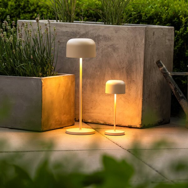 Konstsmide Lampa stołowa LED Lille, wysokość 36 cm, kolor piaskowy, IP54, USB możliwość ściemniania, kremowy / amber, salon / jadalnia, aluminium, nowoczesny
