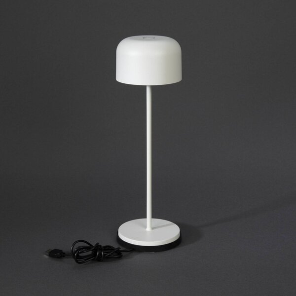 Konstsmide Lampa stołowa LED Lille, wysokość 36 cm, biała, IP54, USB możliwość ściemniania, biały / opal, salon / jadalnia, aluminium, nowoczesny
