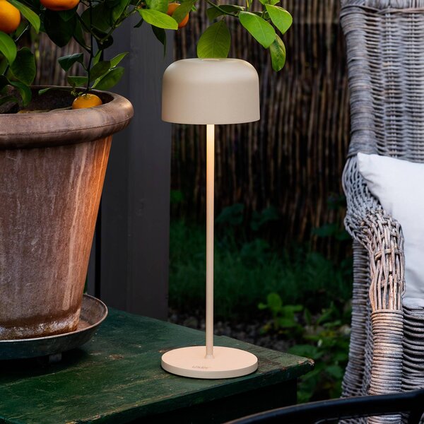 Konstsmide Lampa stołowa LED Lille, wysokość 36 cm, kolor piaskowy, IP54, USB możliwość ściemniania, kremowy / amber, salon / jadalnia, aluminium, nowoczesny