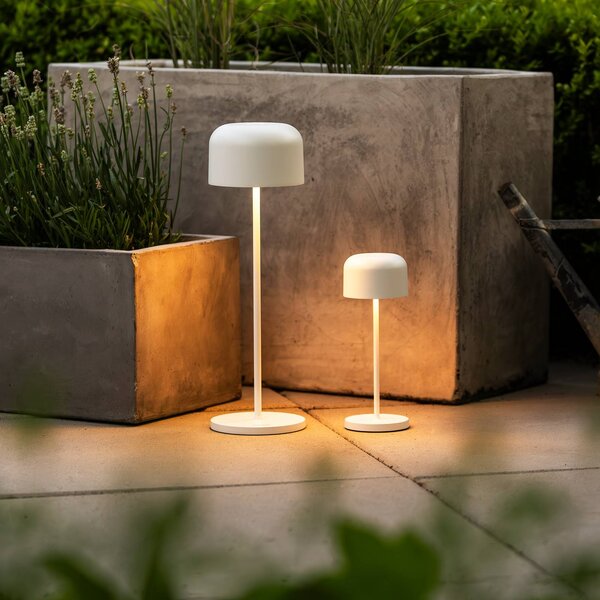 Konstsmide Lampa stołowa LED Lille, wysokość 36 cm, biała, IP54, USB możliwość ściemniania, biały / opal, salon / jadalnia, aluminium, nowoczesny