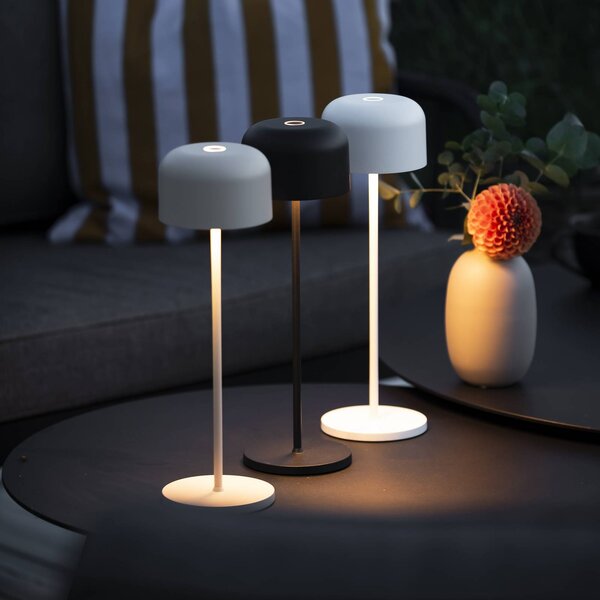 Konstsmide Lampa stołowa LED Lille, wysokość 36 cm, biała, IP54, USB możliwość ściemniania, biały / opal, salon / jadalnia, aluminium, nowoczesny