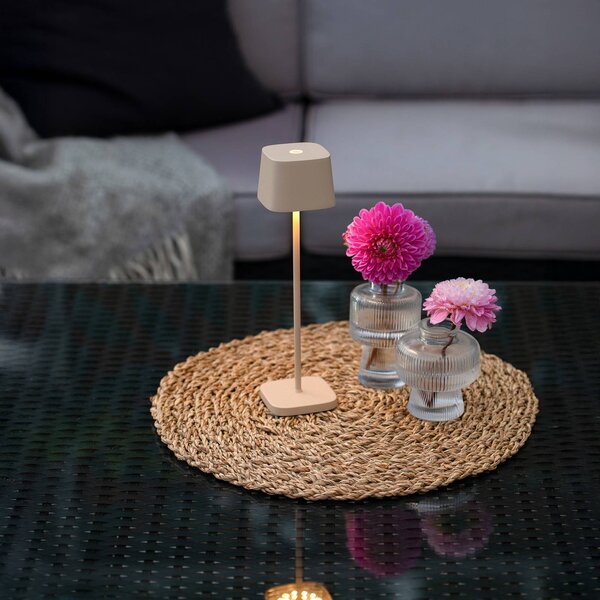 Konstsmide Lampa stołowa LED Capri, wysokość 25 cm, kolor piaskowy, IP54 możliwość ściemniania, kremowy / amber, salon / jadalnia, aluminium, nowoczesny