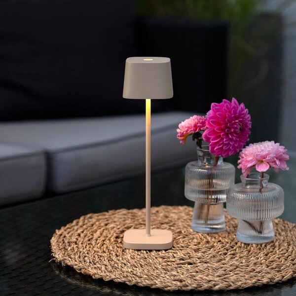 Konstsmide Lampa stołowa LED Capri, wysokość 25 cm, kolor piaskowy, IP54 możliwość ściemniania, kremowy / amber, salon / jadalnia, aluminium, nowoczesny