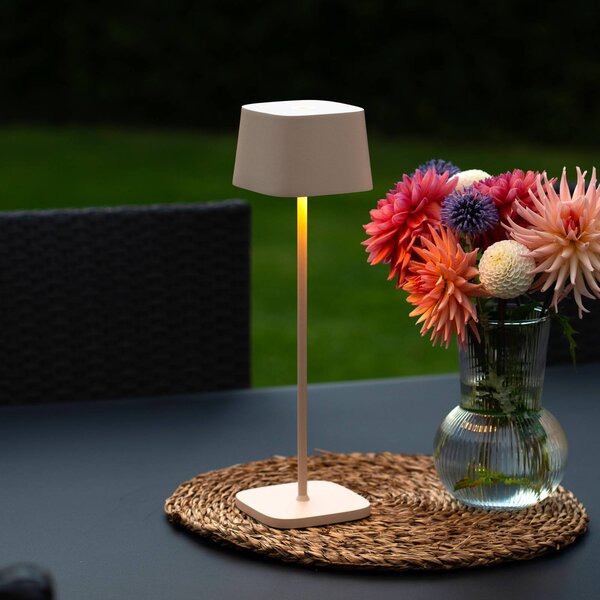 Konstsmide Lampa stołowa LED z akumulatorem Capri, wysokość 36 cm, kolor piaskowy, IP54 możliwość ściemniania, kremowy / amber, salon / jadalnia, aluminium, nowoczesny