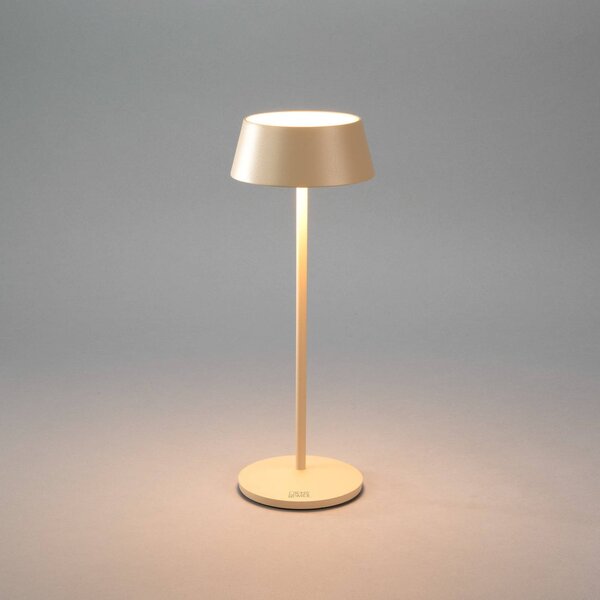 Konstsmide Lampa stołowa LED z akumulatorem Menton, kolor piaskowy, wysokość 27 cm, IP54, możliwość ściemniania, kremowy / amber, salon / jadalnia, aluminium, nowoczesny