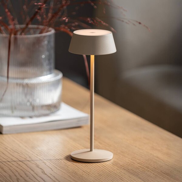 Konstsmide Lampa stołowa LED z akumulatorem Menton, kolor piaskowy, wysokość 27 cm, IP54, możliwość ściemniania, kremowy / amber, salon / jadalnia, aluminium, nowoczesny