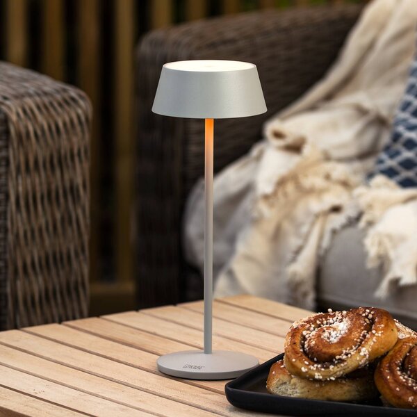 Konstsmide Lampa stołowa LED z akumulatorem Menton, szara, wysokość 27 cm, IP54, USB możliwość ściemniania, aluminiowy / szary / cynkowy, salon / jadalnia, aluminium, nowoczesny
