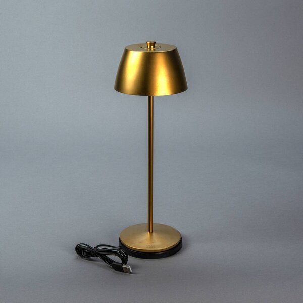 Konstsmide Lampa stołowa LED z akumulatorem Eze, matowo-złota, 32 cm, IP54, USB możliwość ściemniania, mosiężny / złoty, salon / jadalnia, aluminium, nowoczesny