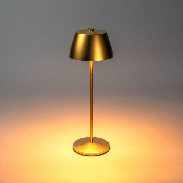 Konstsmide Lampa stołowa LED z akumulatorem Eze, matowo-złota, 32 cm, IP54, USB możliwość ściemniania, mosiężny / złoty, salon / jadalnia, aluminium, nowoczesny