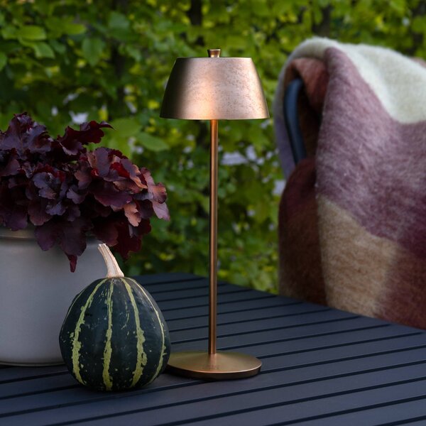 Konstsmide Lampa stołowa LED z akumulatorem Eze, matowa miedź, 32 cm, IP54, USB możliwość ściemniania, miedziany, salon / jadalnia, aluminium, nowoczesny