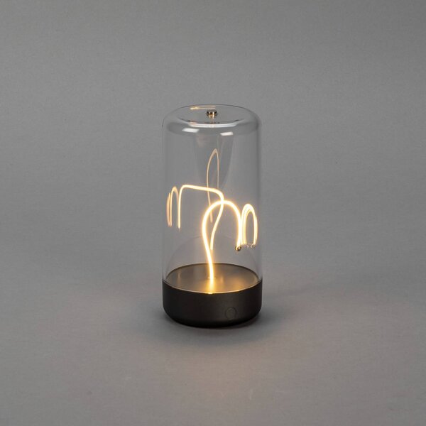 Konstsmide Lampa stołowa LED Edison z akumulatorem, wysokość 15 cm, szara/przezroczysta, Edison, możliwość ściemniania, przezroczysty / transparentny, salon / jadalnia, tworzywo sztuczne, nowoczesny
