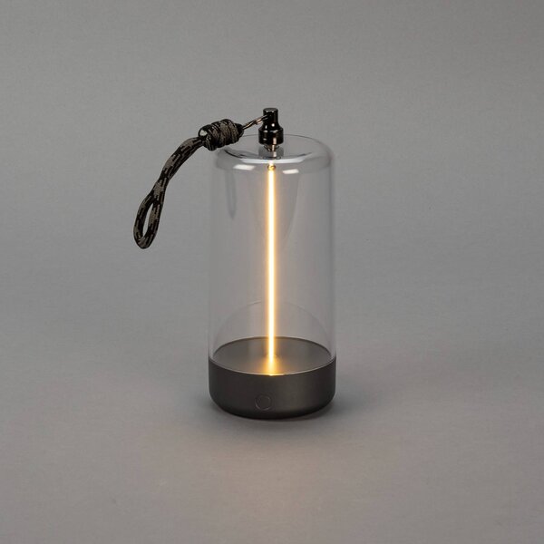 Konstsmide Lampa stołowa LED Edison z akumulatorem, wysokość 15 cm, szara/przezroczysta, Edison, możliwość ściemniania, przezroczysty / transparentny, salon / jadalnia, tworzywo sztuczne, nowoczesny