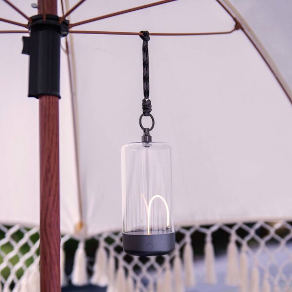 Konstsmide Lampa stołowa LED Edison z akumulatorem, wysokość 15 cm, szara/przezroczysta, Edison, możliwość ściemniania, przezroczysty / transparentny, salon / jadalnia, tworzywo sztuczne, nowoczesny