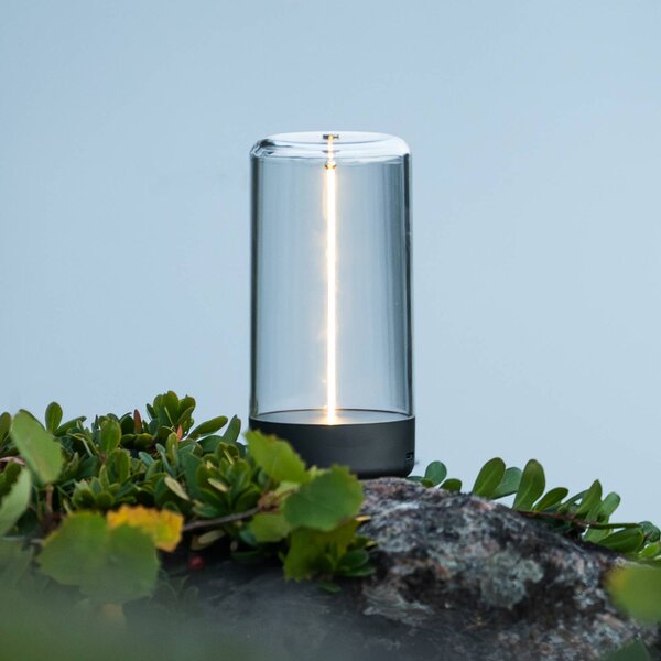 Konstsmide Lampa stołowa LED Edison z akumulatorem, wysokość 15 cm, szara/przezroczysta, Edison, możliwość ściemniania, przezroczysty / transparentny, salon / jadalnia, tworzywo sztuczne, nowoczesny