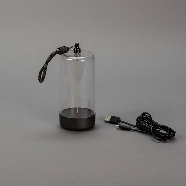 Konstsmide Lampa stołowa LED Edison z akumulatorem, wysokość 15 cm, szara/przezroczysta, Edison, możliwość ściemniania, przezroczysty / transparentny, salon / jadalnia, tworzywo sztuczne, nowoczesny