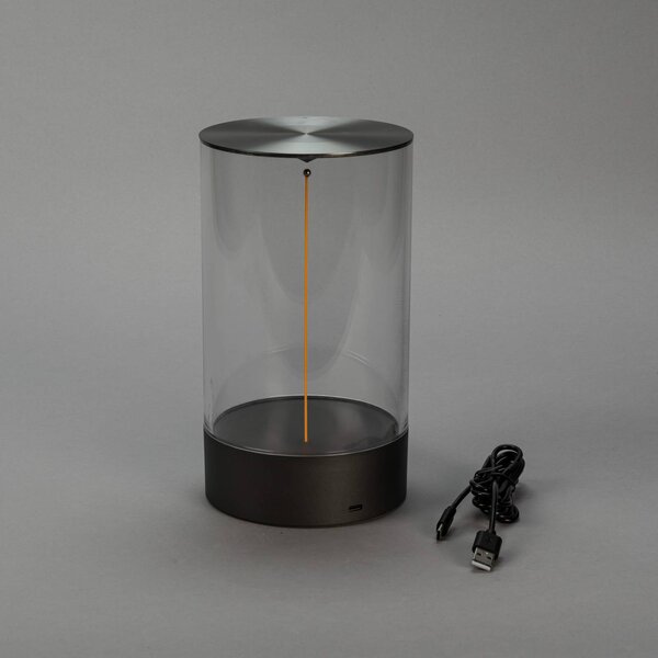 Konstsmide Lampa stołowa LED Edison na akumulator, wysokość 23 cm, szara/przezroczysta, Edison, możliwość ściemniania, przezroczysty / transparentny, salon / jadalnia, tworzywo sztuczne, nowoczesny