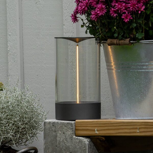 Konstsmide Lampa stołowa LED Edison na akumulator, wysokość 23 cm, szara/przezroczysta, Edison, możliwość ściemniania, przezroczysty / transparentny, salon / jadalnia, tworzywo sztuczne, nowoczesny