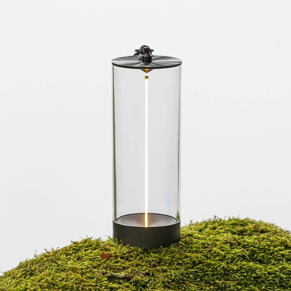 Konstsmide Lampa stołowa LED Edison z akumulatorem, wysokość 24 cm, szara/przezroczysta, Edison, możliwość ściemniania, przezroczysty / transparentny, salon / jadalnia, tworzywo sztuczne, nowoczesny