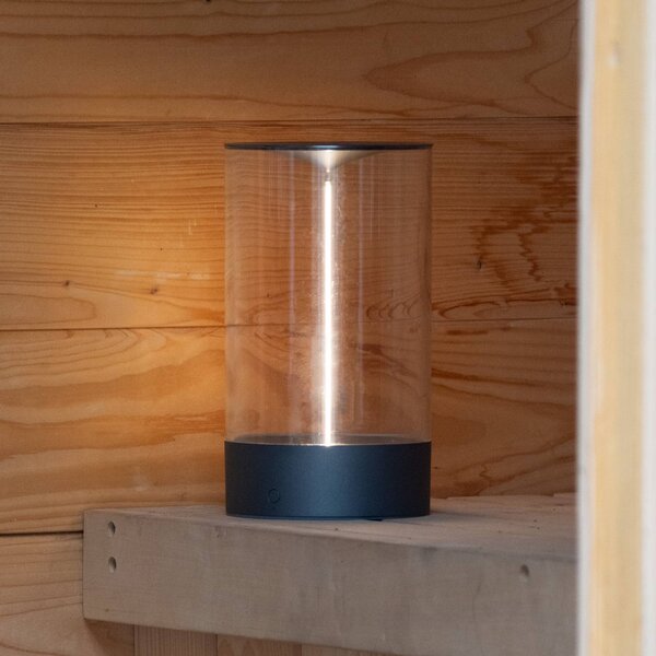 Konstsmide Lampa stołowa LED Edison na akumulator, wysokość 23 cm, szara/przezroczysta, Edison, możliwość ściemniania, przezroczysty / transparentny, salon / jadalnia, tworzywo sztuczne, nowoczesny