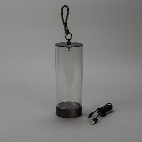 Konstsmide Lampa stołowa LED Edison z akumulatorem, wysokość 24 cm, szara/przezroczysta, Edison, możliwość ściemniania, przezroczysty / transparentny, salon / jadalnia, tworzywo sztuczne, nowoczesny