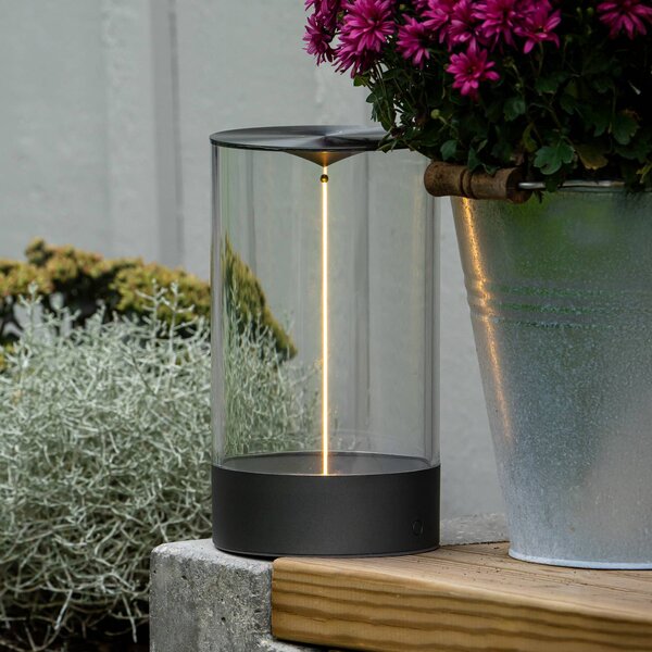 Konstsmide Lampa stołowa LED Edison na akumulator, wysokość 23 cm, szara/przezroczysta, Edison, możliwość ściemniania, przezroczysty / transparentny, salon / jadalnia, tworzywo sztuczne, nowoczesny