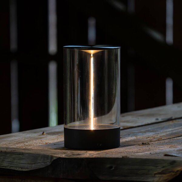 Konstsmide Lampa stołowa LED Edison na akumulator, wysokość 23 cm, szara/przezroczysta, Edison, możliwość ściemniania, przezroczysty / transparentny, salon / jadalnia, tworzywo sztuczne, nowoczesny