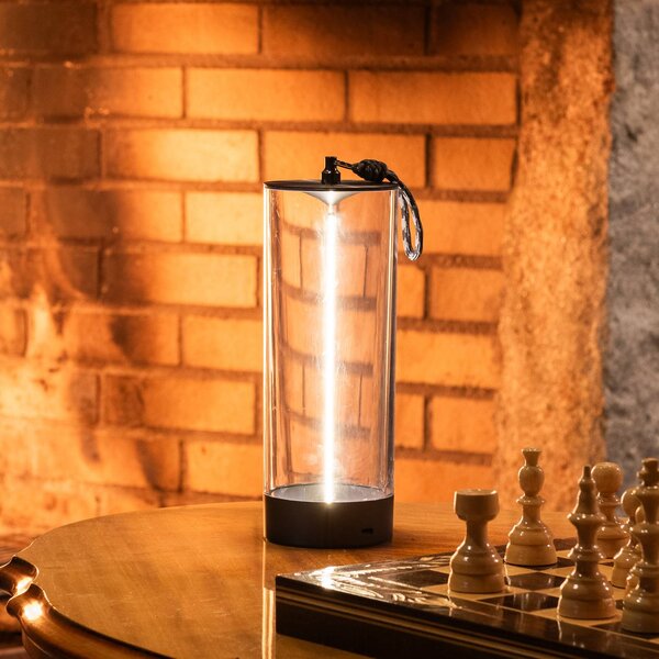 Konstsmide Lampa stołowa LED Edison z akumulatorem, wysokość 24 cm, szara/przezroczysta, Edison, możliwość ściemniania, przezroczysty / transparentny, salon / jadalnia, tworzywo sztuczne, nowoczesny