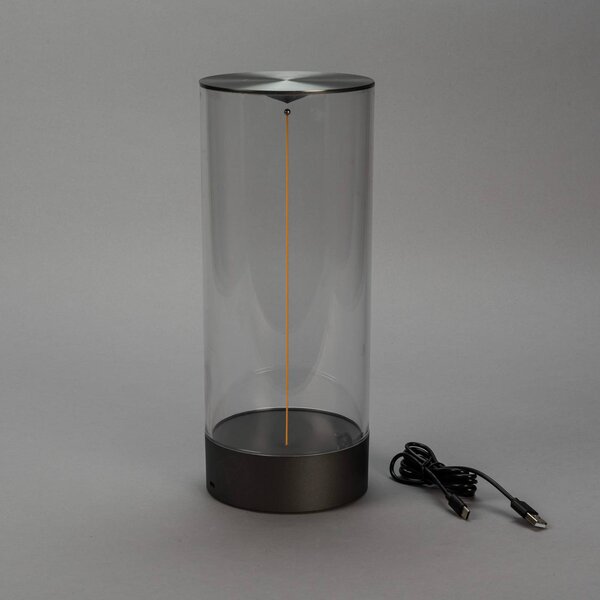 Konstsmide Lampa stołowa LED Edison na akumulator, wysokość 32 cm, szara/przezroczysta, Edison, możliwość ściemniania, przezroczysty / transparentny, salon / jadalnia, tworzywo sztuczne, nowoczesny