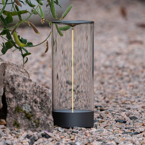 Konstsmide Lampa stołowa LED Edison na akumulator, wysokość 32 cm, szara/przezroczysta, Edison, możliwość ściemniania, przezroczysty / transparentny, salon / jadalnia, tworzywo sztuczne, nowoczesny