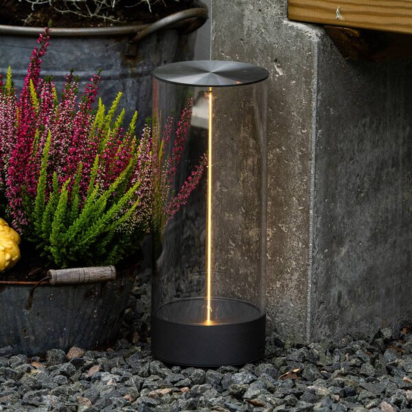 Konstsmide Lampa stołowa LED Edison na akumulator, wysokość 32 cm, szara/przezroczysta, Edison, możliwość ściemniania, przezroczysty / transparentny, salon / jadalnia, tworzywo sztuczne, nowoczesny