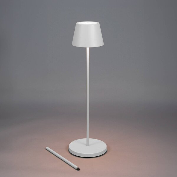 Konstsmide Lampa stojąca LED z akumulatorem Pomezia, biała, 124 cm, IP54, USB możliwość ściemniania, biały / opal, salon / jadalnia, aluminium, nowoczesny