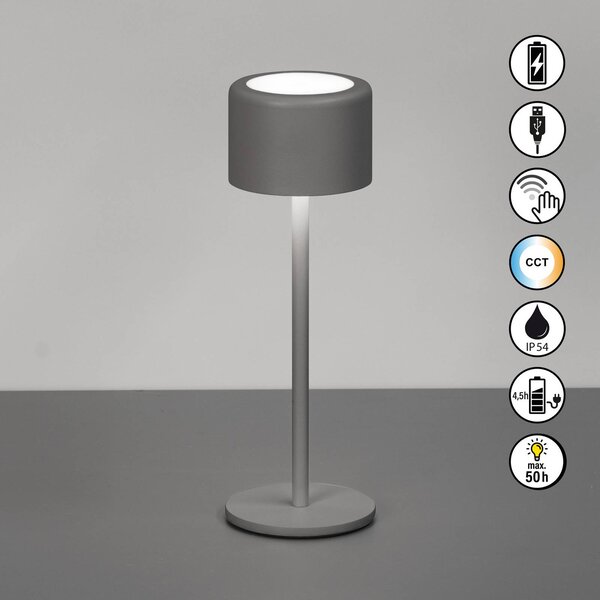FH Lighting Lampa stołowa LED z akumulatorem Juna, kolor piaskowy, wysokość 25 cm, metal, możliwość ściemniania, aluminiowy / szary / cynkowy, metal, nowoczesny