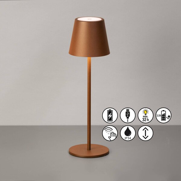 FH Lighting Lampa stołowa LED z akumulatorem Viletto, kolor rdzawy, wysokość 36 cm, IP54 możliwość ściemniania, brązowy / rdzawy, metal, nowoczesny