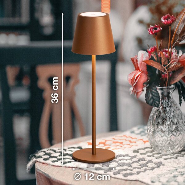 FH Lighting Lampa stołowa LED z akumulatorem Viletto, kolor rdzawy, wysokość 36 cm, IP54 możliwość ściemniania, brązowy / rdzawy, metal, nowoczesny