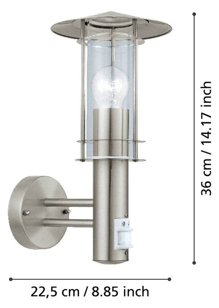 EGLO Kinkiet zewnętrzny Lisio, kolor stali nierdzewnej, wysokość 36 cm, czujnik Lisio, aluminiowy / szary / cynkowy, stal szlachetna