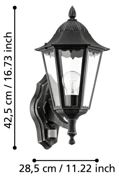 EGLO Kinkiet zewnętrzny Navedo, czarny/srebrny, wysokość 42 cm, czujnik Navedo, czarny, aluminium, antyczny
