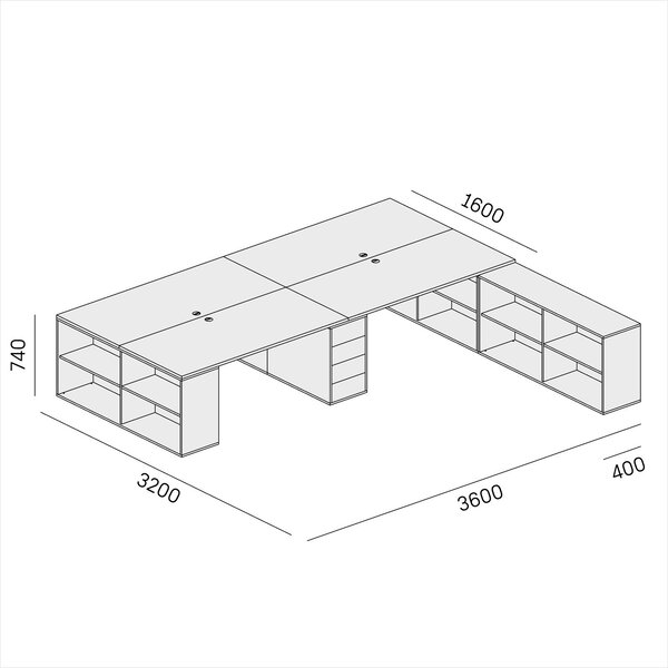 Zestaw biurek biurowych BLOCK B05, 4 stanowiska z przestrzenią do przechowywania, 360 × 320 cm, biały/pomarańczowy