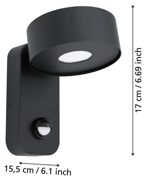 EGLO Kinkiet zewnętrzny LED Palosco, czarna, wysokość 17 cm, metalowa, z czujnikiem Palosco, czarny, metal, nowoczesny