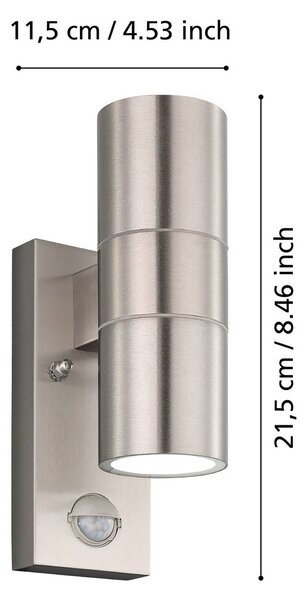 EGLO Lampa ścienna Riga 5 ze stali nierdzewnej, 21 cm, stal nierdzewna, czujnik, aluminiowy / szary / cynkowy, stal szlachetna, nowoczesny