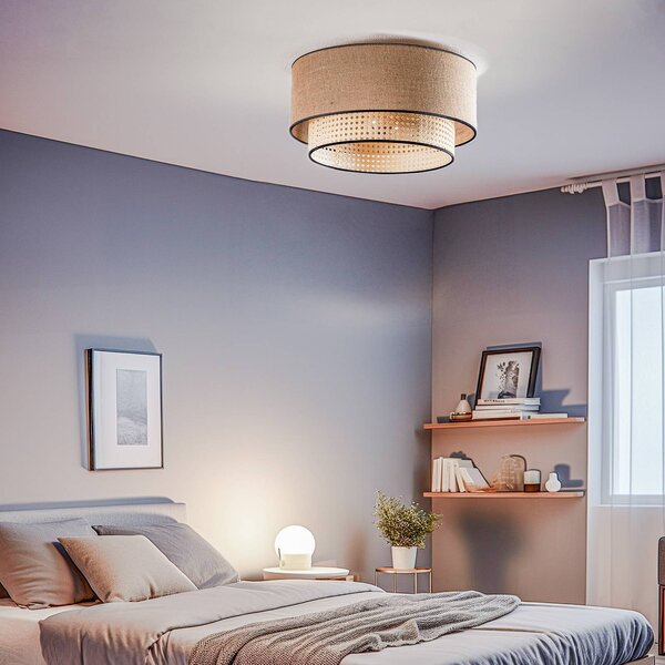 Lampa sufitowa Boho Duolla, możliwość ściemniania, jasne drewno, salon / jadalnia, tkanina / materiał / jedwab, dworkowy / rustykalny