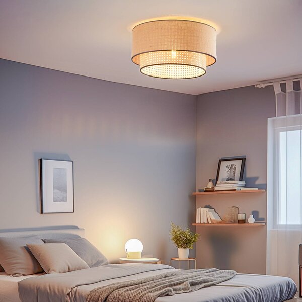 Lampa sufitowa Boho Duolla, możliwość ściemniania, jasne drewno, salon / jadalnia, tkanina / materiał / jedwab, dworkowy / rustykalny